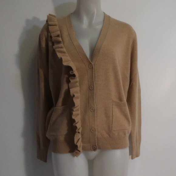 Womens Sandro Paris Tan Wool Cashmere Ruffled V-Neck Cardigan Sweater 3 US/L - Picture 1 of 15